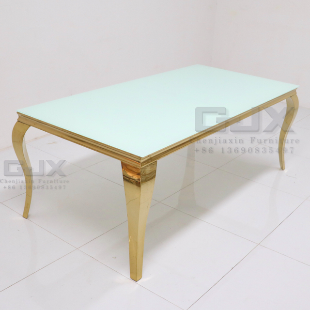 Modern Luxury Rectangular clear Glass Gold Stainless Steel Wedding Dining Hall Party Tables and Chairs From China for Events