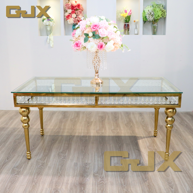 Factory Customize Luxury Gold Stainless Steel Rectangular Glass Wedding Decoration Dining Tables and Chairs for Party Event