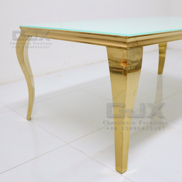 Modern Luxury Rectangular clear Glass Gold Stainless Steel Wedding Dining Hall Party Tables and Chairs From China for Events