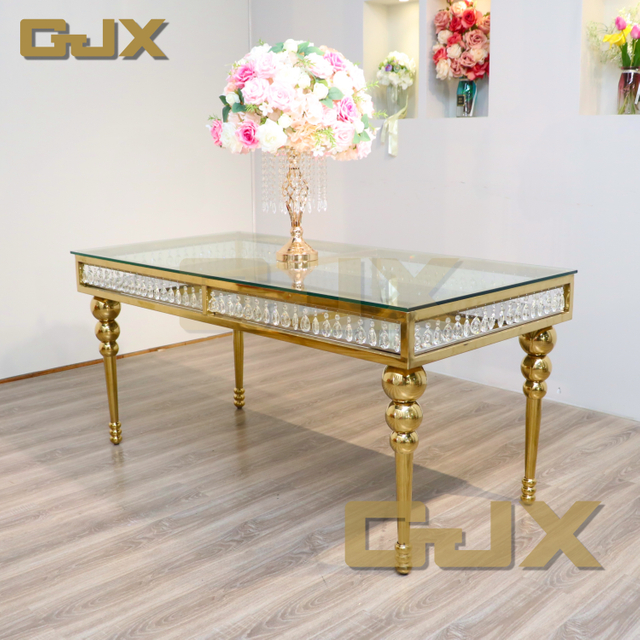 Factory Customize Luxury Gold Stainless Steel Rectangular Glass Wedding Decoration Dining Tables and Chairs for Party Event