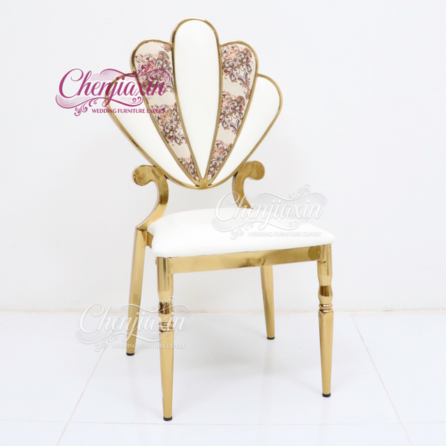 New Design Wedding Furniture Luxury Shiny Gold Metal Stacking Petal Shape Comfortable Party Dining Chair for Wedding Wholesale